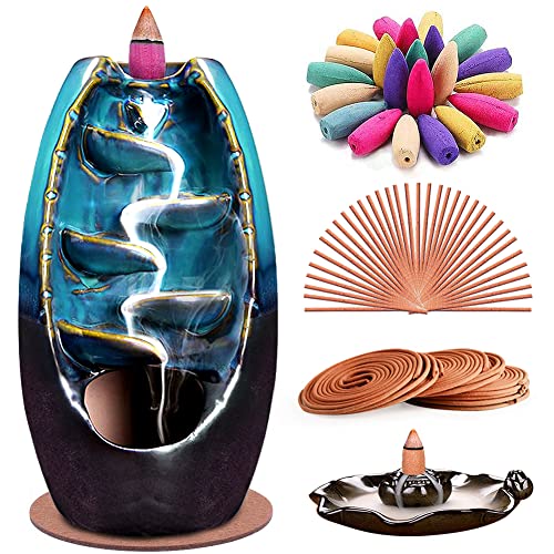 XinXu Incense Burner 5 in 1 Ceramic Backflow Waterfall Incense Holder with 170 Incenses, Aromatherapy Ornament Home Decor with 120 Cones,30 Stick,20 Coil Incense,3 Artificial Lotus Leaf,1 Cushion
