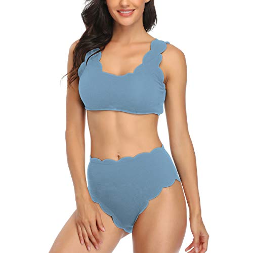 W YOU DI AN Women's Swimsuits Two Piece High Waisted Bikini Set Scalloped Trim Back Lace-up Bathing Suits for Women