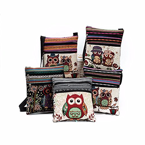 SuperXC Women Embroidered Owl Tote Bags Shoulder Bag Double Zipper Postman Package