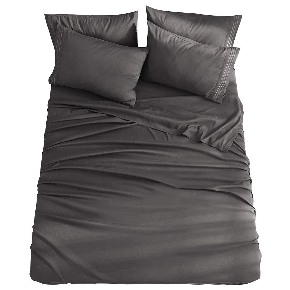 Shilucheng Bed Sheet Set Microfiber 1800 Threads Egyptian Super Soft Sheets 16-Inch Deep Pocket - Hypoallergenic - 6 Piece (Dark Grey, King) Dark Grey King