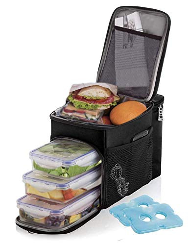 Lunch Box for Men Insulated Cooler Lunch Bag w/ 3 Compartment - Includes 3 Meal Prep Containers - Detachable Shoulder Strap + 2 Ice Packs. Strong SBS Zippers Great Gifts for Men