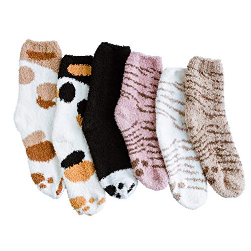 Book Cover Fuzzy Socks for Women - Warm Slipper Socks, Super Soft & Plush Cushion, Cozy Ankle Crew Length Comfy Socks for Home and Sleeping [6 Pack - Animal Paw Series]