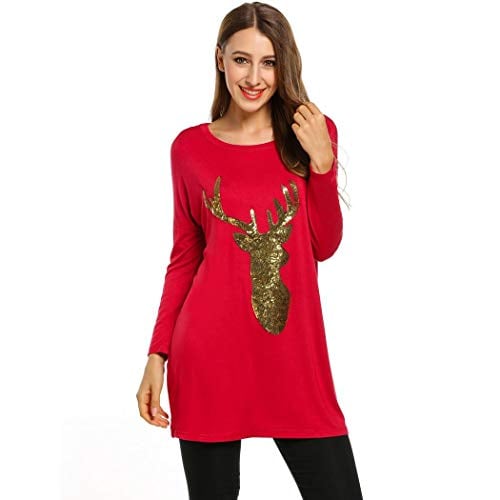 Book Cover FineFolk Women Casual Long Sleeve Sequined Christmas Print Loose Tunic Tops Knits & Tees