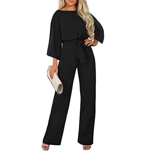 hreway Women Fashion Round Neck Long Sleeve Full Length Solid Jumpsuit Jumpsuits & Rompers Black
