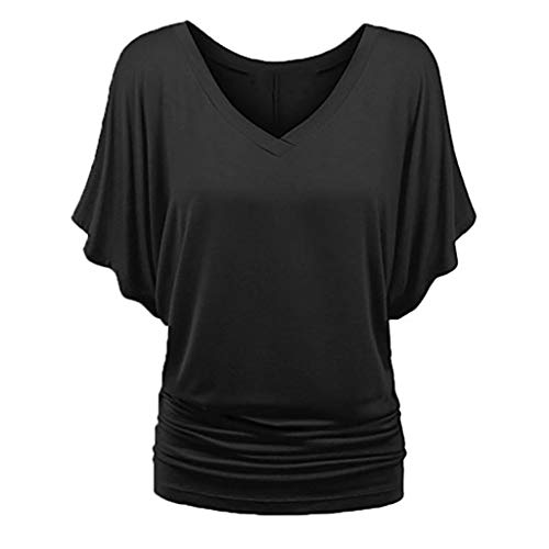 URIBAKE Tops for Women Short Sleeve Fashion Plus Size Blouse Solid Color V-Neck Batwing Sleeve Fold Hem Loose T-Shirt Black