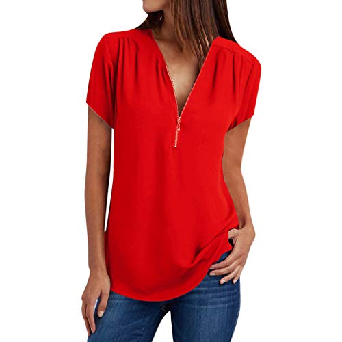 Womens Casual Solid Blouse Summer Loose Vest V- Neck Zipper Loose T-Shirt