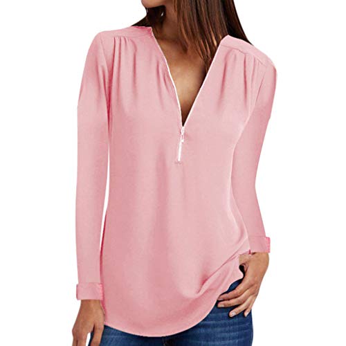 Womens Casual Solid Blouse Summer Loose Vest V- Neck Zipper Loose T-Shirt