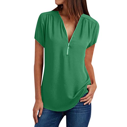 Womens Casual Solid Blouse Summer Loose Vest V- Neck Zipper Loose T-Shirt - Green - Large