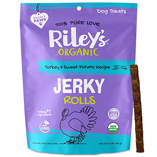 Book Cover Riley's Organic Dog Jerky Treats - Dog Training Treats - Organic - Soft Jerky Treats for Dogs - Easy Snap Rolls for Any Size Dog (Turkey & Sweet Potato, 5 oz)