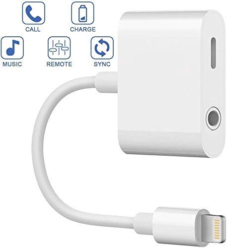 BTCHARGE Splitter Compatible with iPhone 7, 7 Plus, 8, 8 Plus, X, iPad, iPad Pro, 2 in 1 Dual Ports, 3.5 mm Audio + Charge Cable Adapter, iOS 12 or Later, Sync, Music Contro