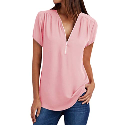 Book Cover Womens Casual Solid Blouse Summer Loose Vest V- Neck Zipper Loose T-Shirt