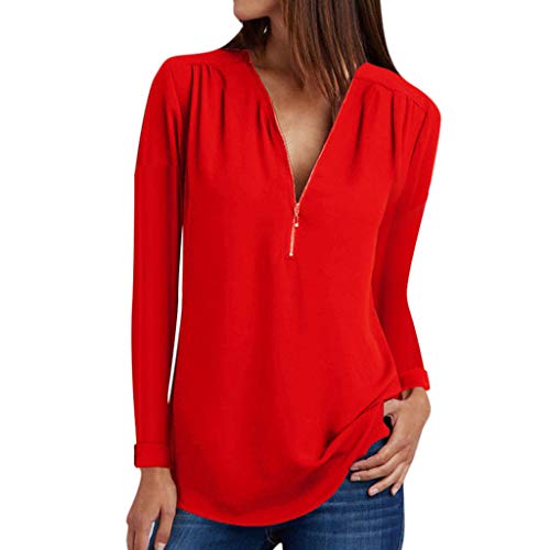Womens Casual Solid Blouse Summer Loose Vest V- Neck Zipper Loose T-Shirt