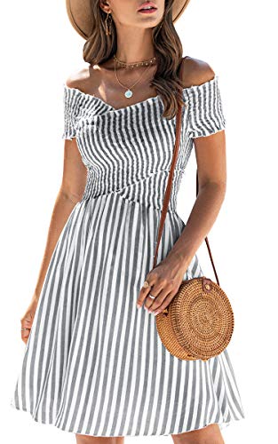 Book Cover ECOWISH Womens Striped Dress Off The Shoulder Short Sleeve Backless Cocktail Skater Dresses