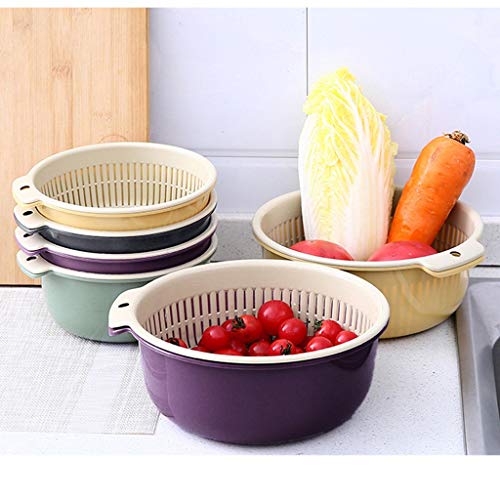 LINKIOM Double-Layer Separation Design Multifunction Kitchen Colander, Double Layered Rotatable Drain Basin and Basket,Large and Small Size (Large, beige)