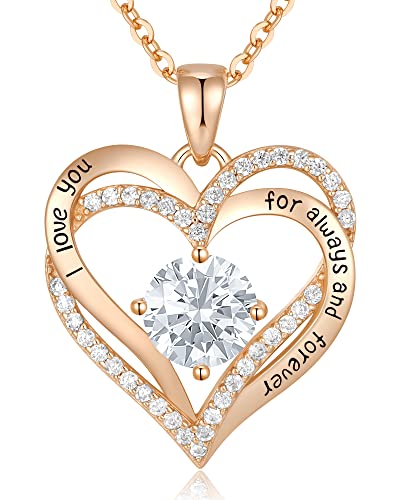 Mothers Day Gifts Forever Love Heart Necklaces for Women, Wedding Anniversary, Birthday Valentine's Mothers Day Christmas Day Gifts for Mom, Mother, Wife, friend, S925 Silver Jewelry with Birthstone Pendant(Sterling Silver,Rose Gold-04-Apr)