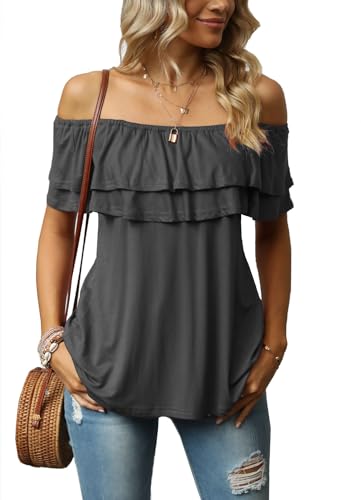 KEEDONE Women's Casual Off Shoulder Ruffle Tops Short Sleeve T Shirts Loose Summer Blouses Shirt