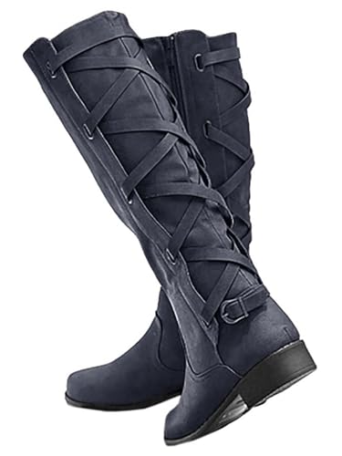 Syktkmx Womens Strappy Motorcycle Knee High Boots Winter Lace Up Riding Flat Low Heel Shoes