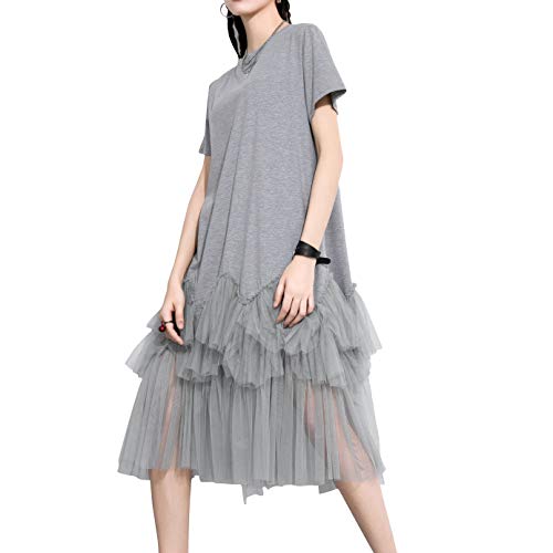 ellazhu Women's Casual Short Sleeve Crew Neck Tutu Tulle Dress with an Oversized Fit GY2266