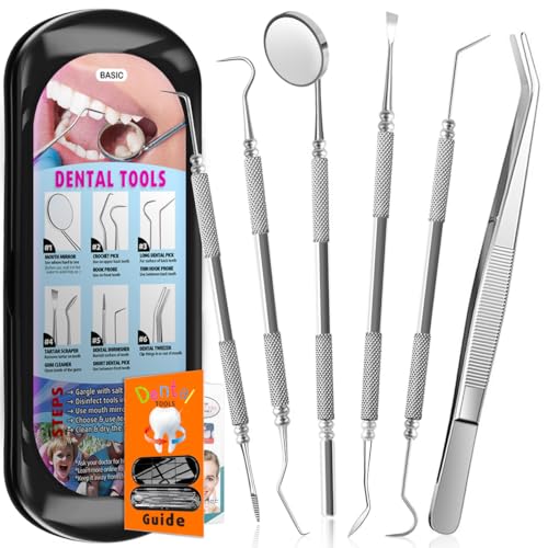 Dental Tools Plaque Remover Teeth Cleaning Tool﻿s Kit 6 Pcs Dental Care Kit Stainless Steel Dental Pick Tartar Remover Tool for Home/Travel/Pet Care-Storage Case Included