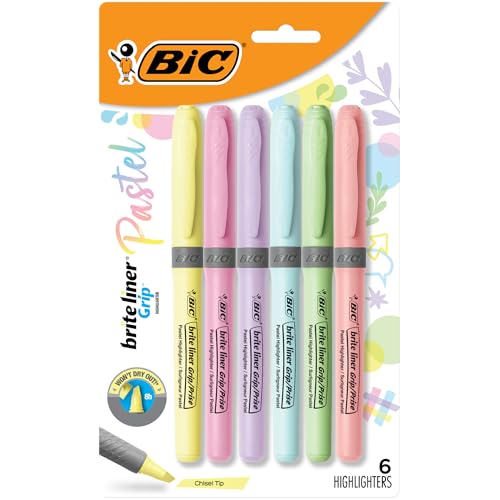 BIC Brite Liner Grip Highlighter, Chisel Tip (1.6 mm), Assorted Pastel Colours, For Broad Highlighting & Fine Underlining, 6-Count