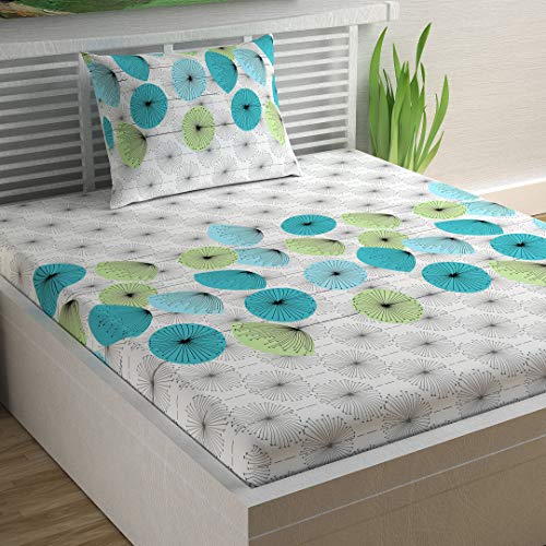 Divine Casa Sky Blue - 100% Cotton 144 TC Flower Sheet Cotton with 1 Pillowcase Single Turquoise Blue and Green