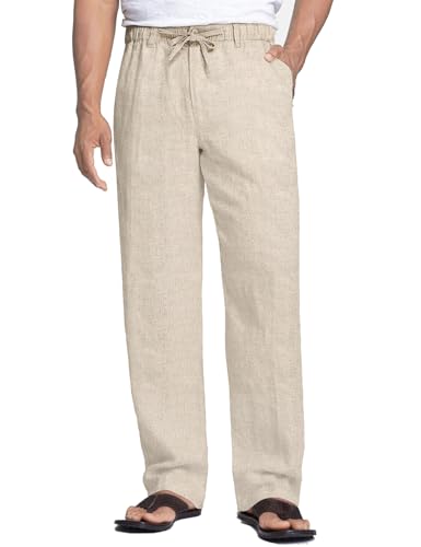 COOFANDY Men's Casual Linen Pants Cotton Elastic Waist Drawstring Trousers (Khaki, XL)