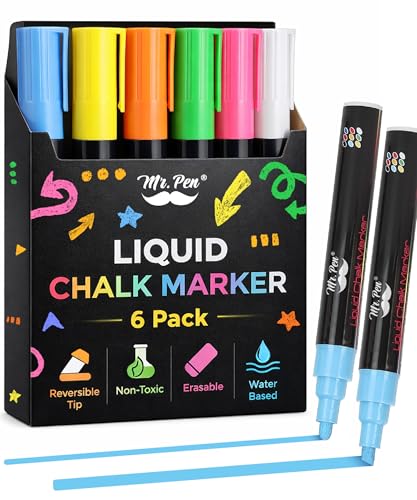 Mr. Pen- Liquid Chalk Markers, 6 Pack, Reversible Tip, Vibrant Colors, Erasable Chalk Marker, Non-Toxic Water-Based Chalkboard Markers for Window and Glass, Washable Window Paint Marker
