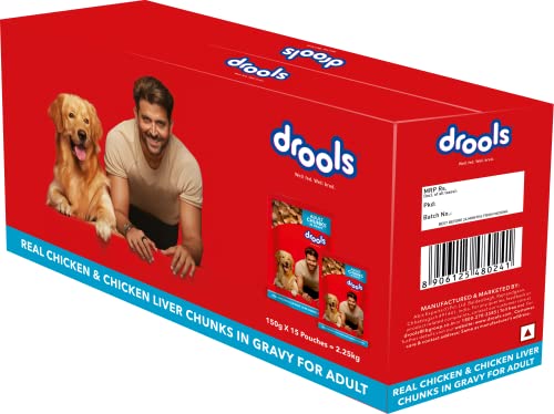 Drools Adult Wet Dog Food, Real Chicken and Chicken Liver Chunks in Gravy, 15 Packs (150g x 15)