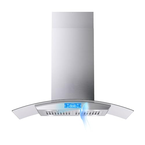 FIREGAS Island Range Hood 36 inch 700 CFM, Island Mount Kitchen Vent Hood with Tempered Glass, 4 LED Lights, 3 Speed Fan,Touch Control,Permanent Filter,Charcoal Filter, Stainless Steel,Ceiling Mount