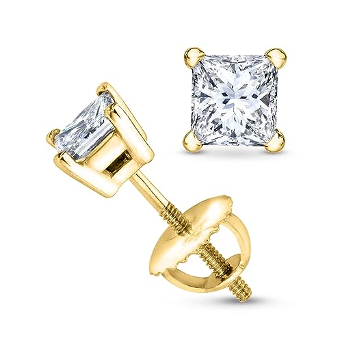 Houston Diamond District 0.5 to 4 Carat Princess Diamond Stud Earrings 4 Prong Screw Back (I-J Color I1-I2 Clarity) 14K Yellow Gold Natural 3.99 Carat