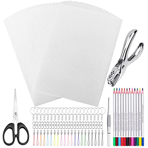 shynek Shrinky Plastic Sheets Keychain Kit, 125Pcs Shrinky Art Kit Including 20 Pcs Shrinky Paper Sheets, Hole Punch, Pencils, Keychains, Tweezers, Scissors for Crafts and Keychains
