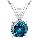 5 Carat 14K White Gold Round Blue Diamond 4 Prong Solitaire Pendant Necklace (AAA Quality) W/ 16" Gold Chain