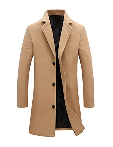 Tanming Mens Black Trench Coat Notched Lapel Single Breasted Long Peacoat Overcoat