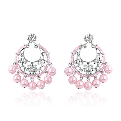 Estele Silver Tone Plated Pink Pearl And Stone Earrings for Girl's and Women