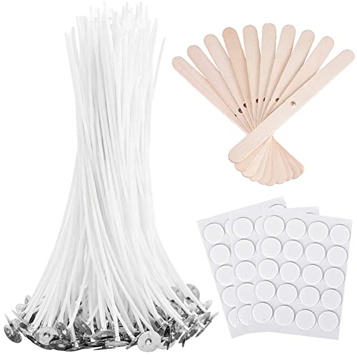 Bulk Candle Wicks 100 Pcs 6 inch with 60Pcs Candle Wick Stickers and 10 Pcs Wooden Candle Wick Centering Device for Soy Beeswax Candle Making (6 inch)