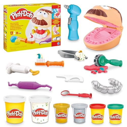 Play-Doh Drill 'n Fill Dentist Toy for Kids 3 Years and Up with Cavity and Metallic Colored Modeling Compound, 10 Tools, 8 Total Cans, 2 Ounces Each, Non-Toxic, Assorted Colors