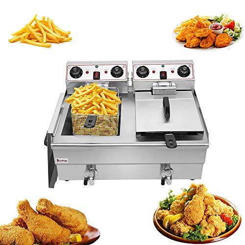 XDD 23.6 Liter Electric Commercial Deep Fryer with Double Basket Large Countertop Stainless Steel 2 Baskets Deep Fryers French Fries Fish Turkey Restaurant Home Kitchen 2 Tank 3000W (23.6L)