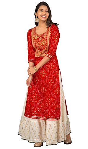 Bae's Wardrobe Heavy Work Rayon Straight Kurti with White Sharara Plazzo Wedding Dress - Medium (38) - Red White