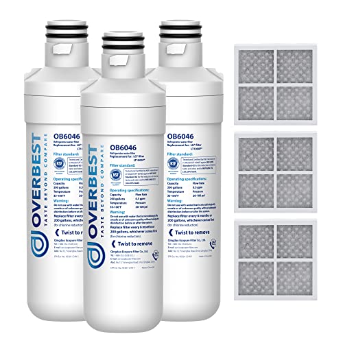 Overbest LT1000PC ADQ747935 Refrigerator Water Filter and Air Filter, Replacement for LG® LT1000P®, ADQ74793501, ADQ74793502, Kenmore 469980, 9980 and LT120F®, 3 Combo