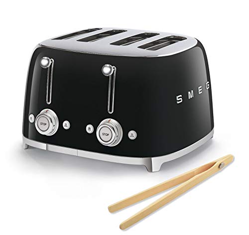 Smeg 50s Retro 4-Slot Toaster TSF03BLUS Bundle with Bamboo Tongs - Black