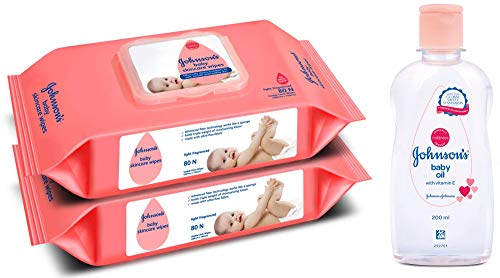 Johnson'S Baby Wipes With Lid Combo Offer Pack, 2 X 80S (160 Wipes) And Johnson'S Baby Oil With Vitamin E (200Ml)