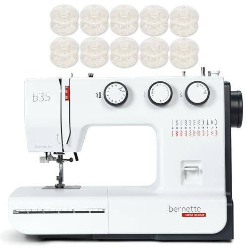 Bernette B35 Sewing Machine with 23 Built-In Stitches, 5mm Stitch Width, Front-Loading Hook, 1-Step Buttonhole, and 10 Free Bobbins