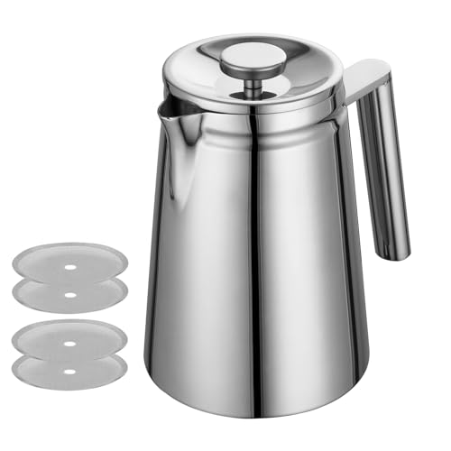 Meelio 1 Liter 18/8 Double Wall Stainless Steel Coffee French Press,Tea Maker 8 Cup /4 Mug,34OZ,with PP Silicone Filter