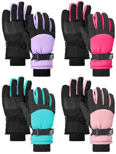 Hicarer 4 Pairs Winter Gloves for Kids Waterproof Snow Ski Gloves Warm Unisex Camouflage Clothes for Cold Weather Girls Boys Children