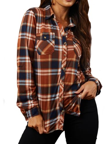 NUOREEL Women's Classic Plaid Flannel Shirt Button Down Roll Up Long Sleeve Casual Blouse Top