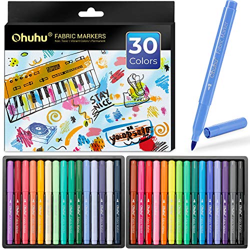 Ohuhu Fabric Markers Permanent for Clothes: 30 Colors Fine Point Fabric Paint Pens For T Shirts Jeans Sneakers Canvas Bag Baby Bibs Onesies No Bleed No Fade Clothing Marker for Adults Ages 14+