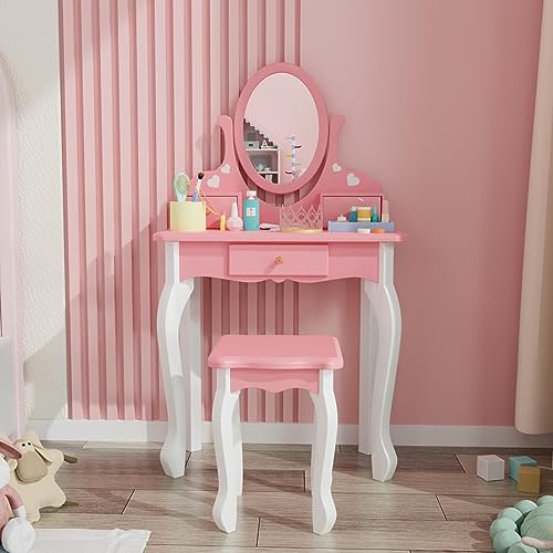JOYMOR Kids Vanity Set with 3 Drawers and Real Mirror, Princess Vanity Table and Chair Set, Makeup Dressing Table with Rotatable Mirror for Girls