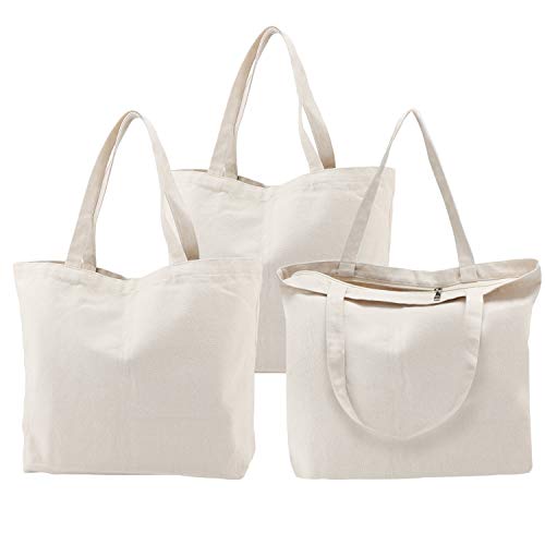Segarty Canvas Tote Bags with Zipper, 12Oz Cotton Reusable Grocery Shopping Bag
