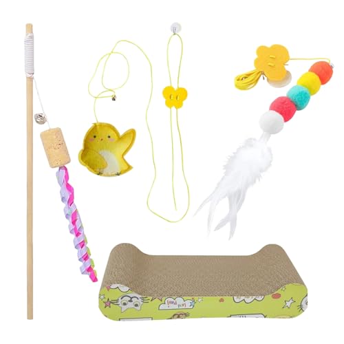 Emily Pets Cat Scratcher Board with Interactive Cat Toys | Wand Toy, Hanging Door Toy & Feather Ball | Indoor Play Set for Cats & Kittens (Pack of 4) (Pattern 4)