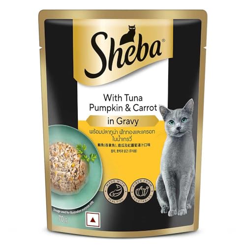 Sheba Fine Premium Adult (1+ Years) Wet Cat Food, Tuna Pumpkin & Carrot in Gravy, 70 g Pouch, High-Moisture Gravy cat Food for Healthy Hydration